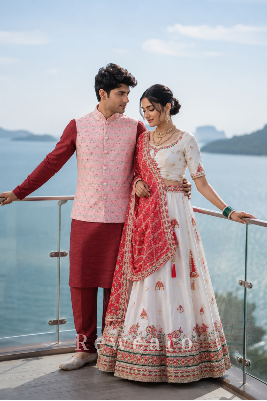 Ivory Embroidered Sider Lehenga Set with Coral Bandhani Style Dupatta and Coordinated Kurta Jacket Set