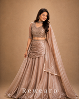 Champagne Embroidered Blouse with Draped Skirt, Ruched Waist & Flowing Dupatta