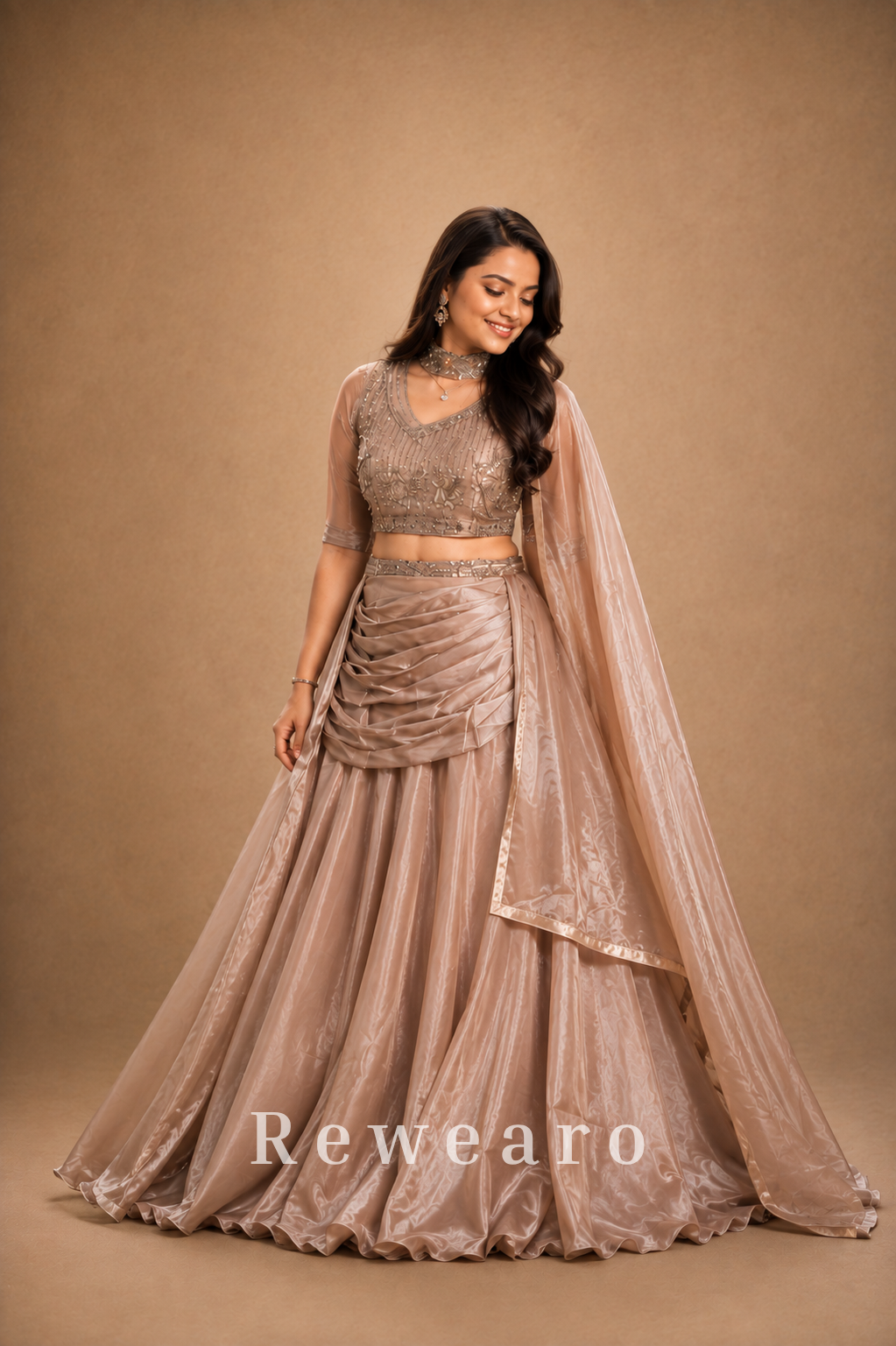 Champagne Embroidered Blouse with Draped Skirt, Ruched Waist & Flowing Dupatta