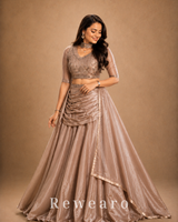 Champagne Embroidered Blouse with Draped Skirt, Ruched Waist & Flowing Dupatta