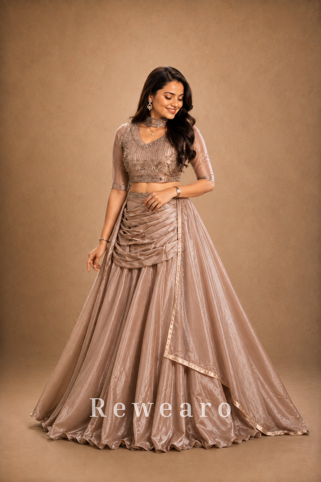 Champagne Embroidered Blouse with Draped Skirt, Ruched Waist & Flowing Dupatta