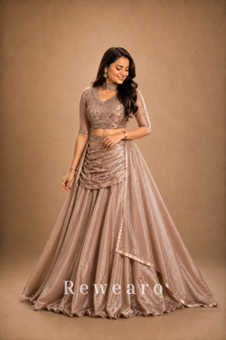 Champagne Embroidered Blouse with Draped Skirt, Ruched Waist & Flowing Dupatta - View 3