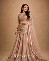 Champagne Embroidered Blouse with Draped Skirt, Ruched Waist & Flowing Dupatta