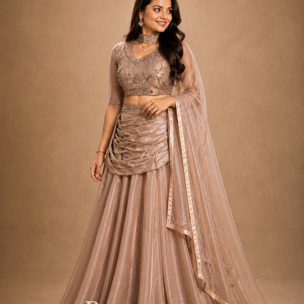 Crafted Detailing - Champagne Embroidered Blouse with Draped Skirt, Ruched Waist & Flowing Dupatta