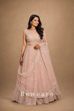 Blush Pink Embroidered Lehenga with Sequin-Embellished Blouse & Sheer Dupatta