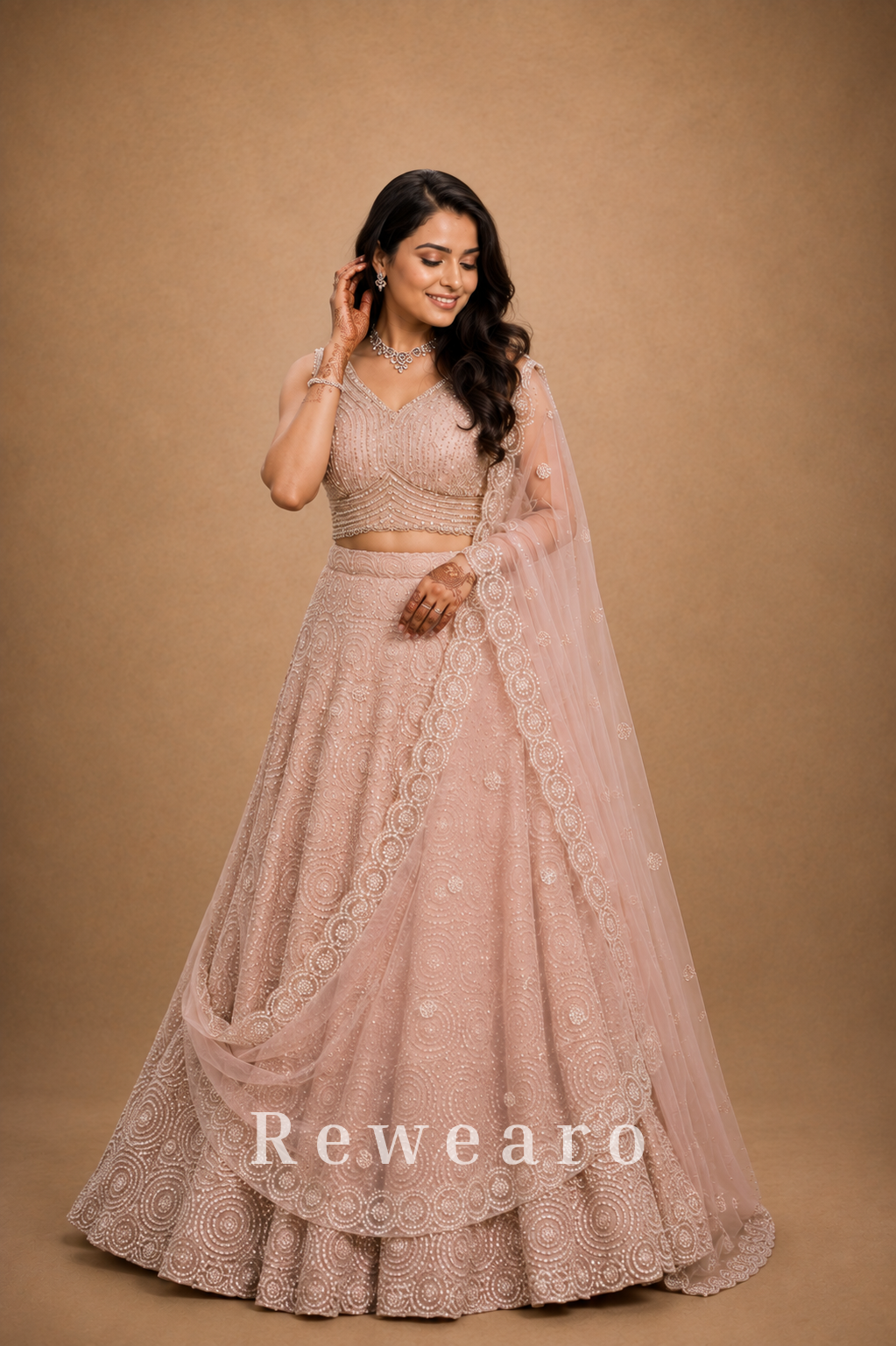 Blush Pink Embroidered Lehenga with Sequin-Embellished Blouse & Sheer Dupatta