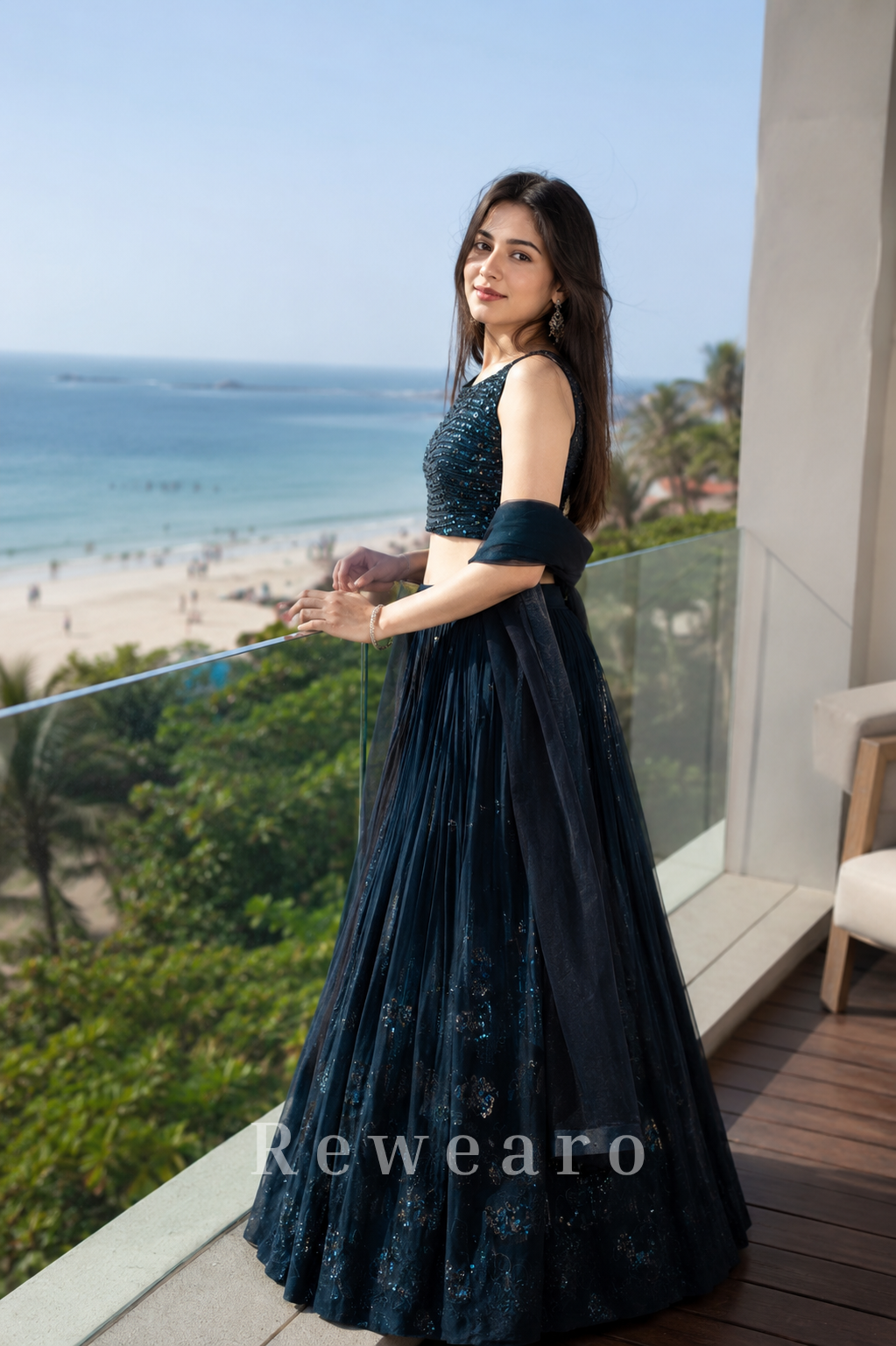 Midnight Teal Sequin Lehenga Set with Sheer Draped Dupatta