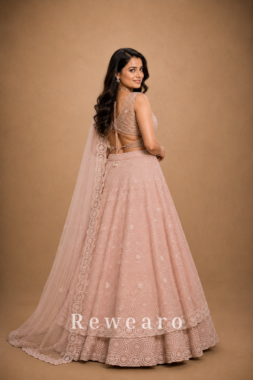 Blush Pink Embroidered Lehenga with Sequin-Embellished Blouse & Sheer Dupatta