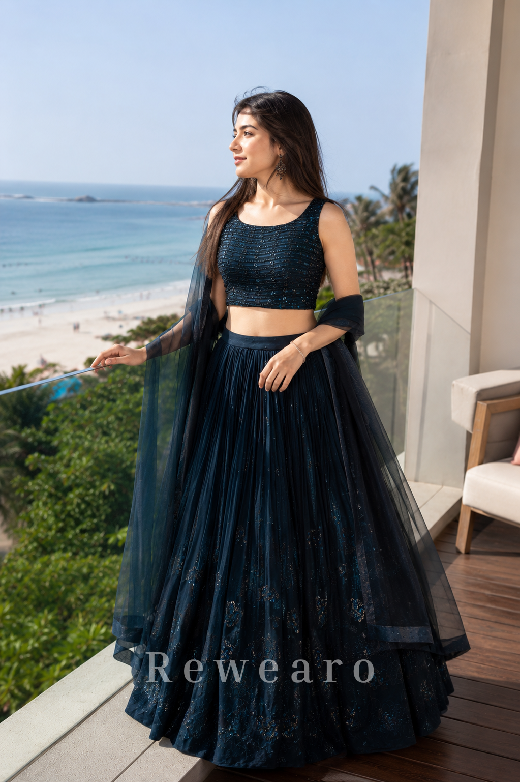 Midnight Teal Sequin Lehenga Set with Sheer Draped Dupatta