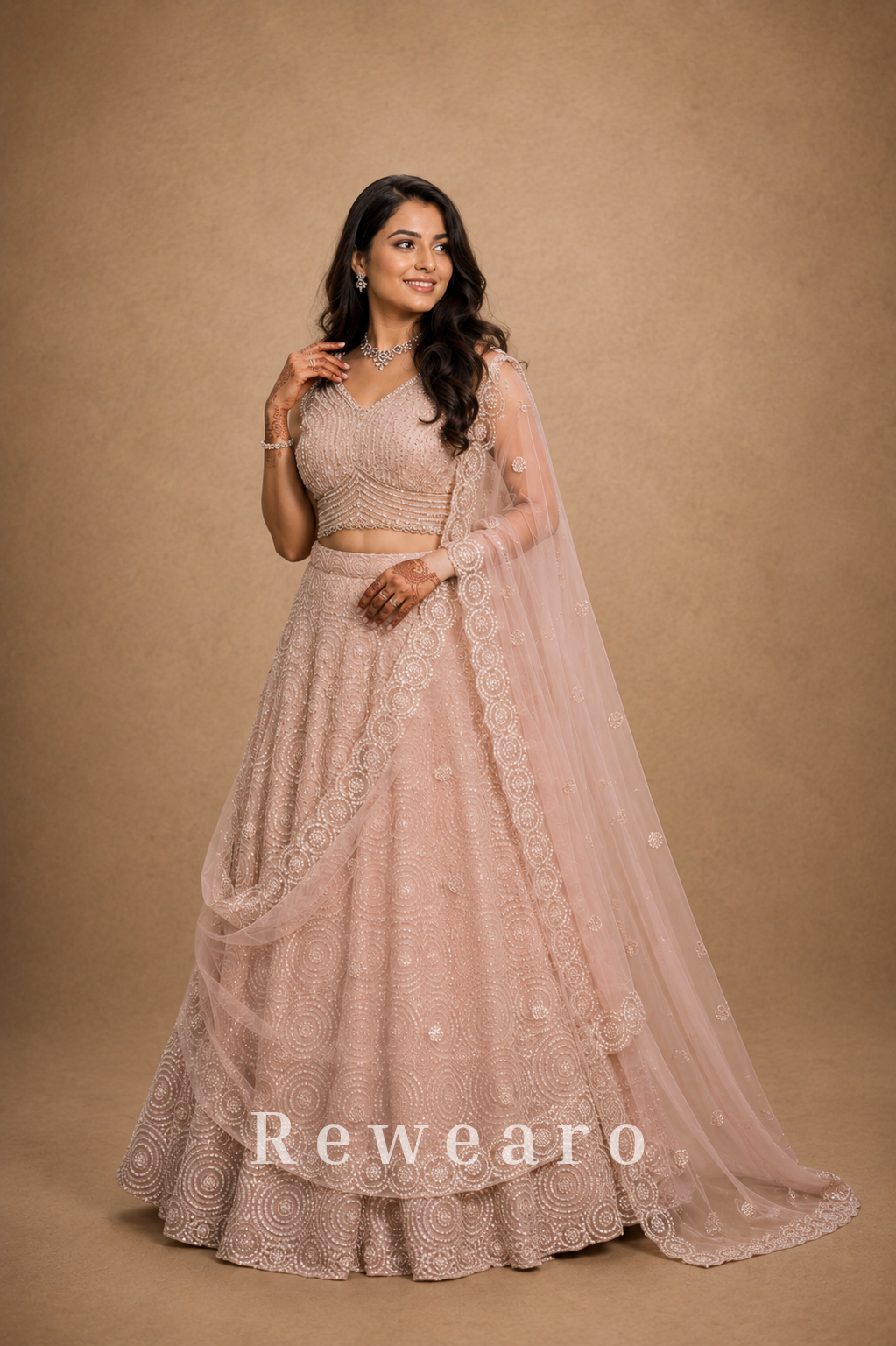 Blush Pink Embroidered Lehenga with Sequin-Embellished Blouse & Sheer Dupatta