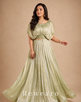 Pistachio Green Draped Gown with Pleated Flared Skirt & Embellished Waistline