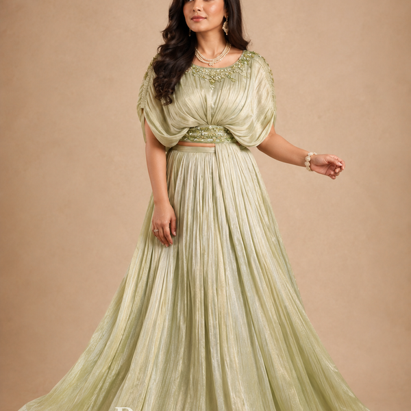 Crafted Detailing - Pistachio Green Draped Gown with Pleated Flared Skirt & Embellished Waistline