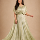 Pistachio Green Draped Gown with Pleated Flared Skirt & Embellished Waistline