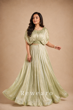 Pistachio Green Draped Gown with Pleated Flared Skirt & Embellished Waistline - View 4