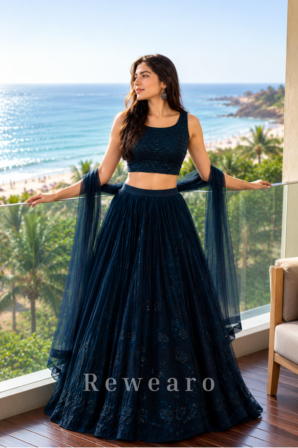 Midnight Teal Sequin Lehenga Set with Sheer Draped Dupatta