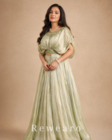 Pistachio Green Draped Gown with Pleated Flared Skirt & Embellished Waistline