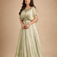 Pistachio Green Draped Gown with Pleated Flared Skirt & Embellished Waistline