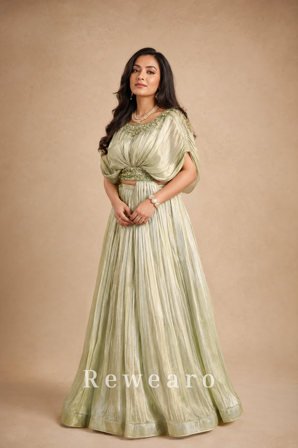 Pistachio Green Draped Gown with Pleated Flared Skirt & Embellished Waistline