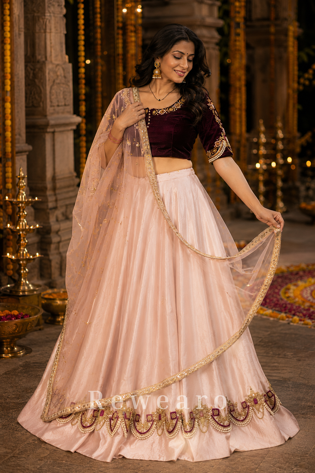 Blush Ivory Silk Lehenga Set with Wine Velvet Embroidered Blouse and Net Dupatta