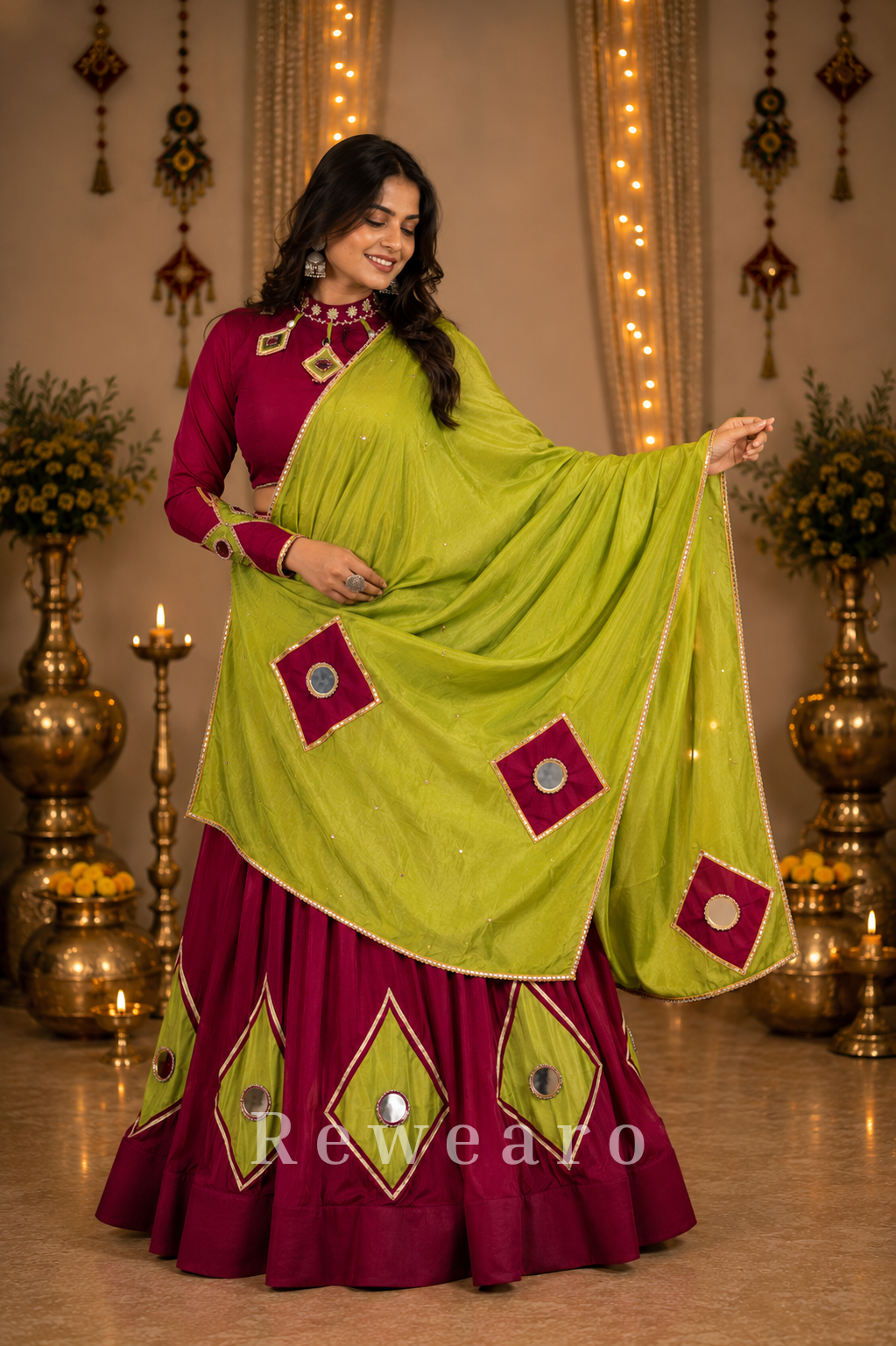 Kesarika Gulnaar Aaina Lehenga Set with Lime Draped Dupatta