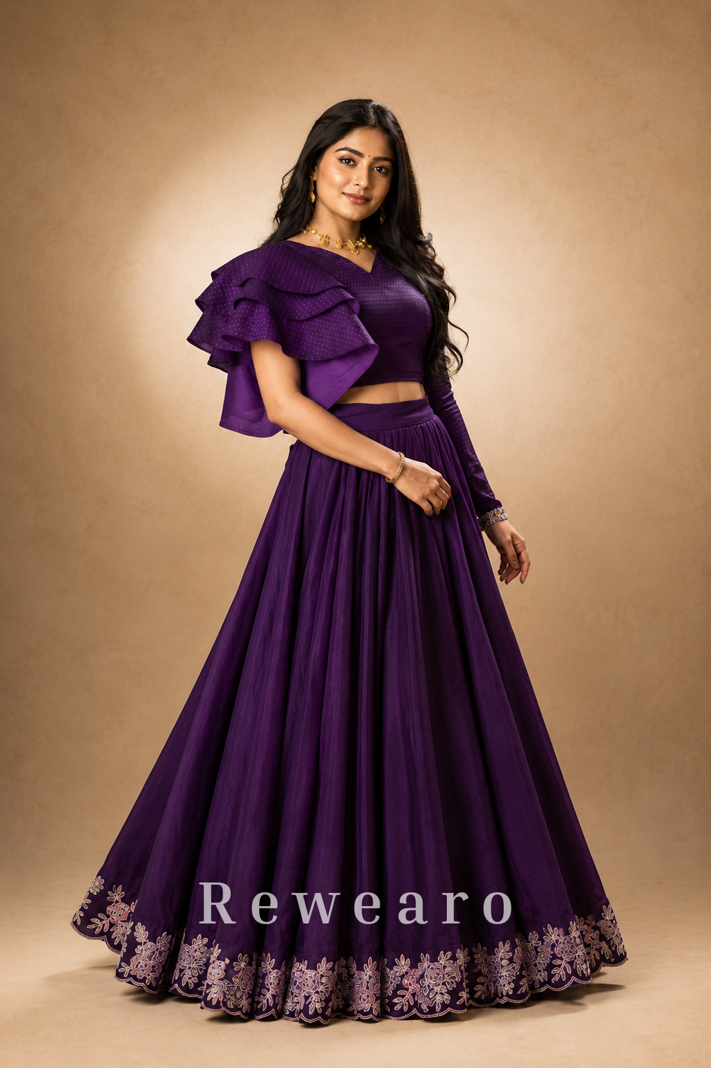 Royal Amethyst Ruffle Blouse with Flowing Purple Embroidered Lehenga