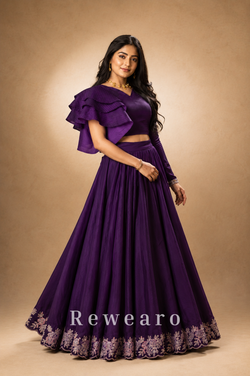 Royal Amethyst Ruffle Blouse with Flowing Purple Embroidered Lehenga - View 2