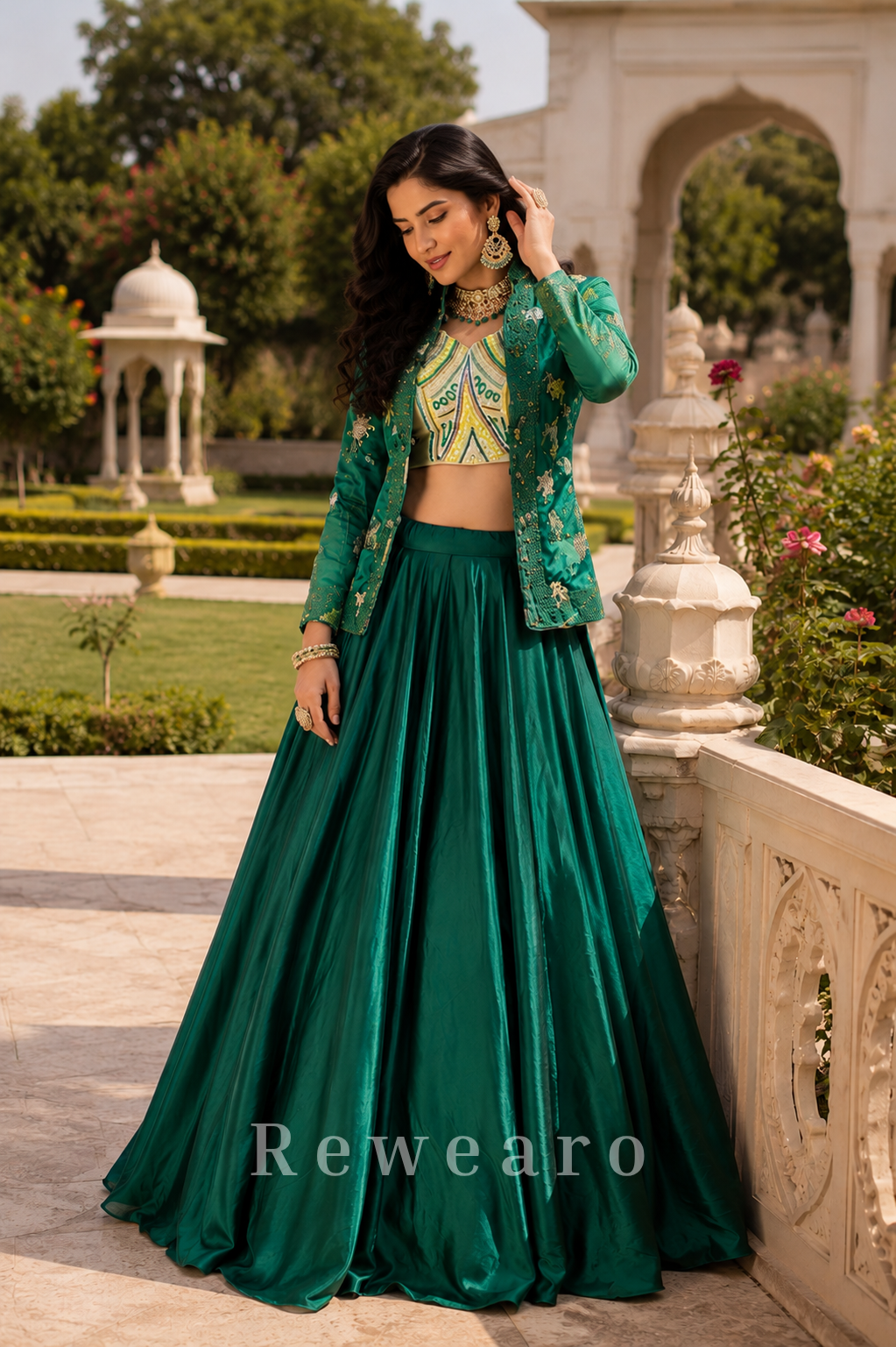 Emerald Embroidered Jacket Style Lehenga Set with Geometric Mirror Work Blouse