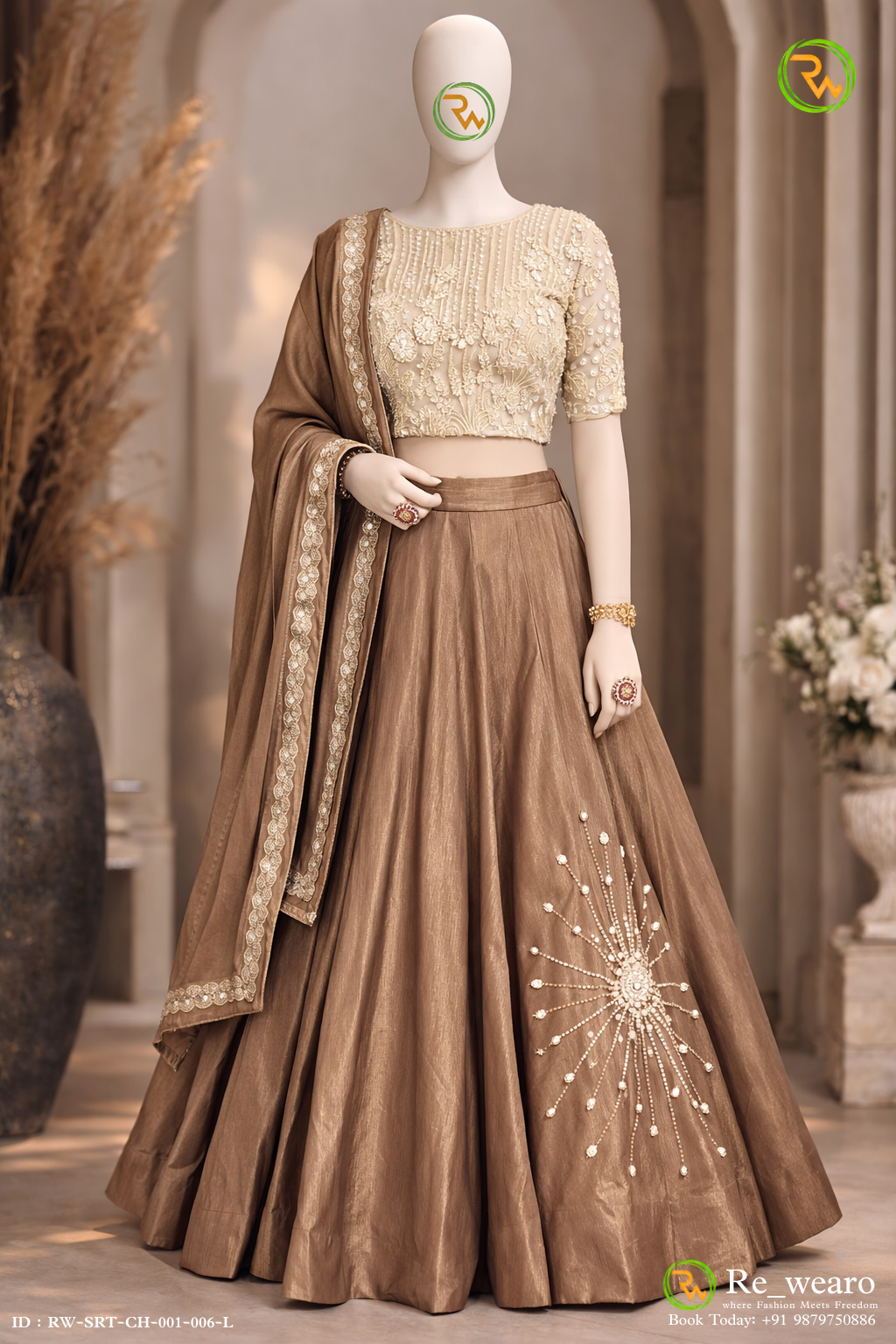 Mocha Embroidered Lehenga Set with Pearl Detailed Blouse