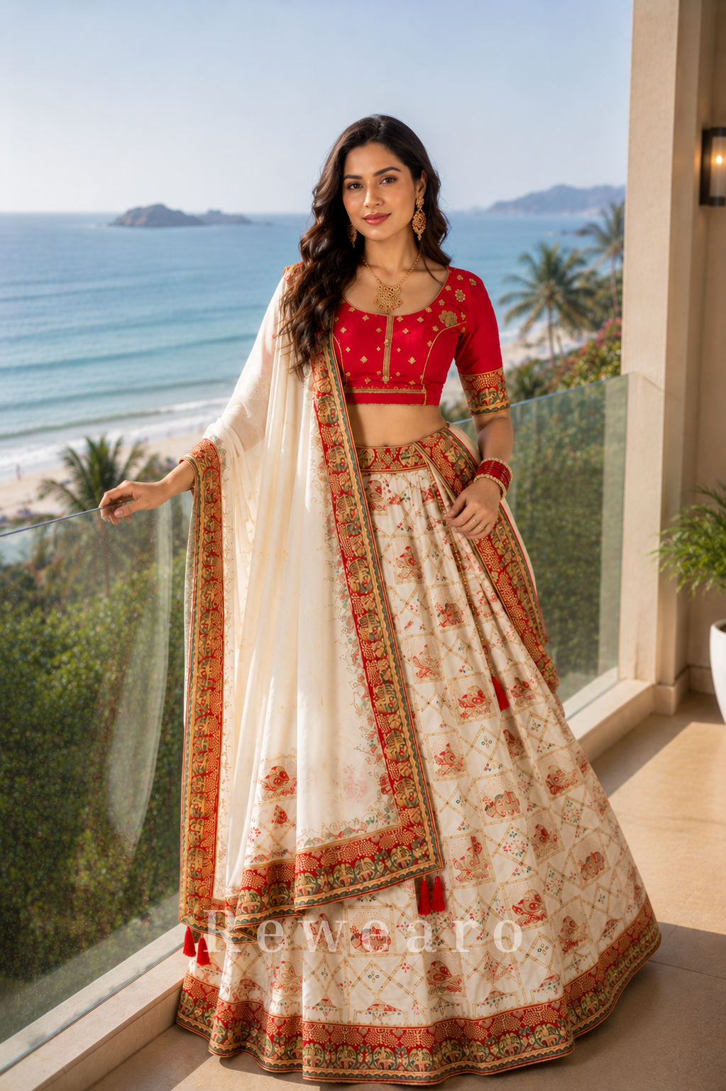 Ivory Heritage Printed Lehenga Set with Ruby Red Embroidered Blouse
