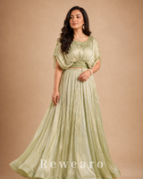 Pistachio Green Draped Gown with Pleated Flared Skirt & Embellished Waistline