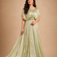 Pistachio Green Draped Gown with Pleated Flared Skirt & Embellished Waistline