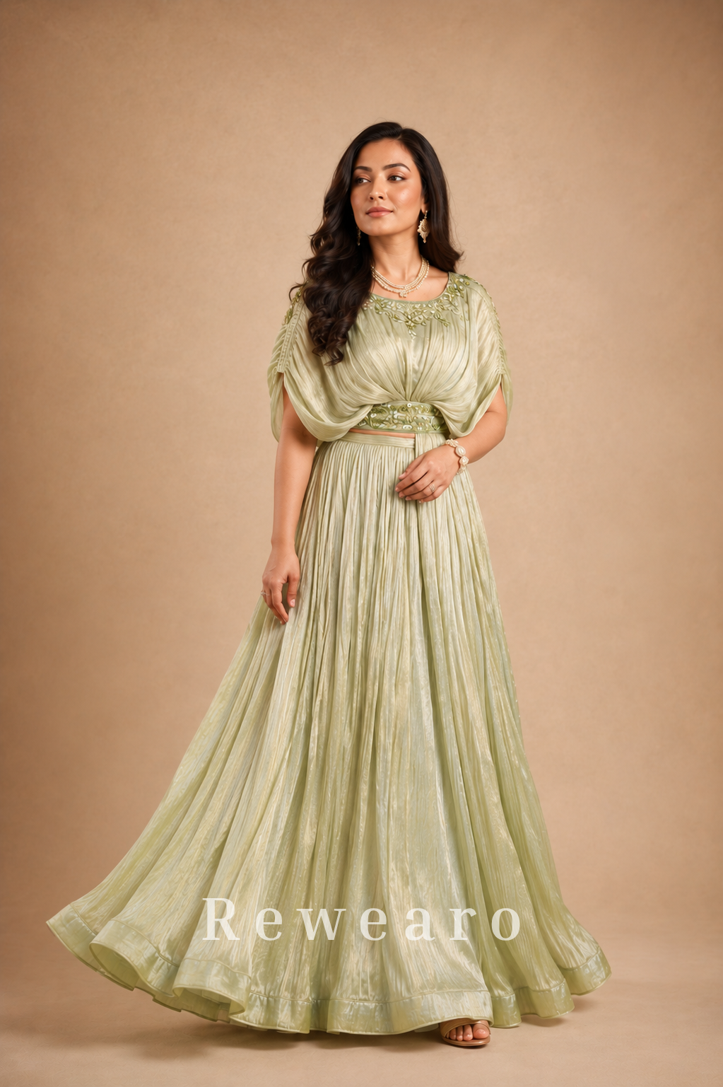 Pistachio Green Draped Gown with Pleated Flared Skirt & Embellished Waistline