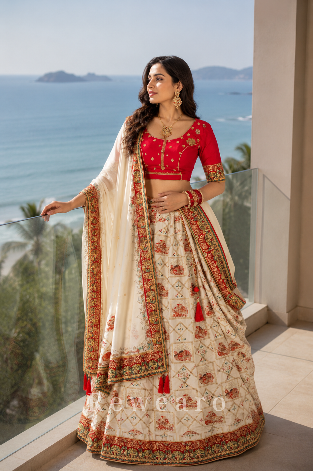 Ivory Heritage Printed Lehenga Set with Ruby Red Embroidered Blouse