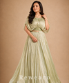Pistachio Green Draped Gown with Pleated Flared Skirt & Embellished Waistline