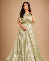Pistachio Green Draped Gown with Pleated Flared Skirt & Embellished Waistline
