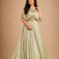Pistachio Green Draped Gown with Pleated Flared Skirt & Embellished Waistline