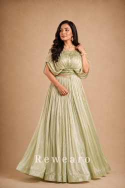 Pistachio Green Draped Gown with Pleated Flared Skirt & Embellished Waistline