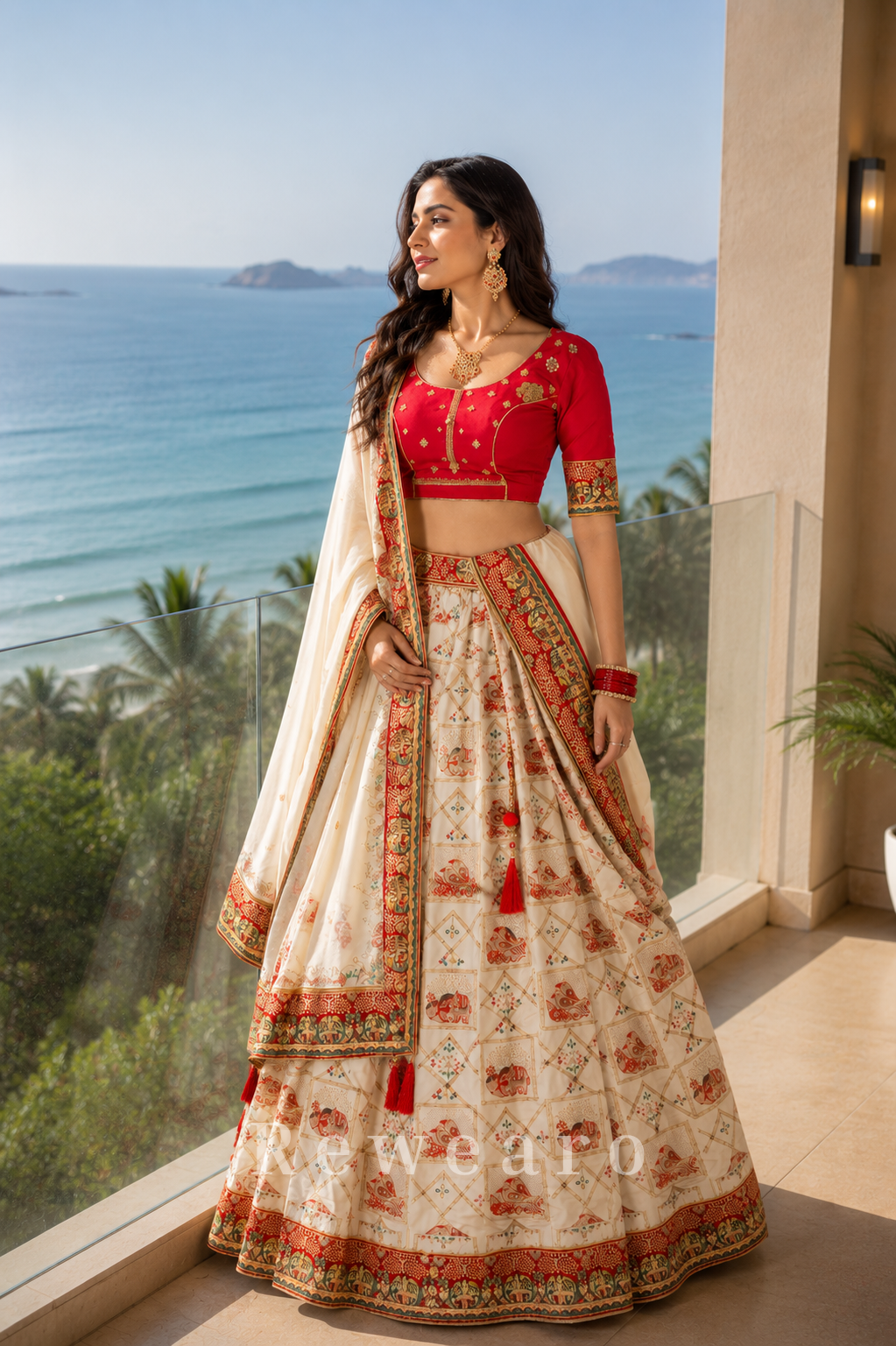 Ivory Heritage Printed Lehenga Set with Ruby Red Embroidered Blouse