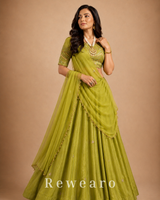 Olive Green Embroidered Lehenga with Draped Dupatta & Embellished Blouse