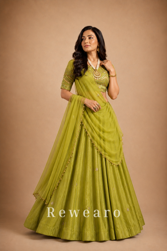 Olive Green Embroidered Lehenga with Draped Dupatta & Embellished Blouse