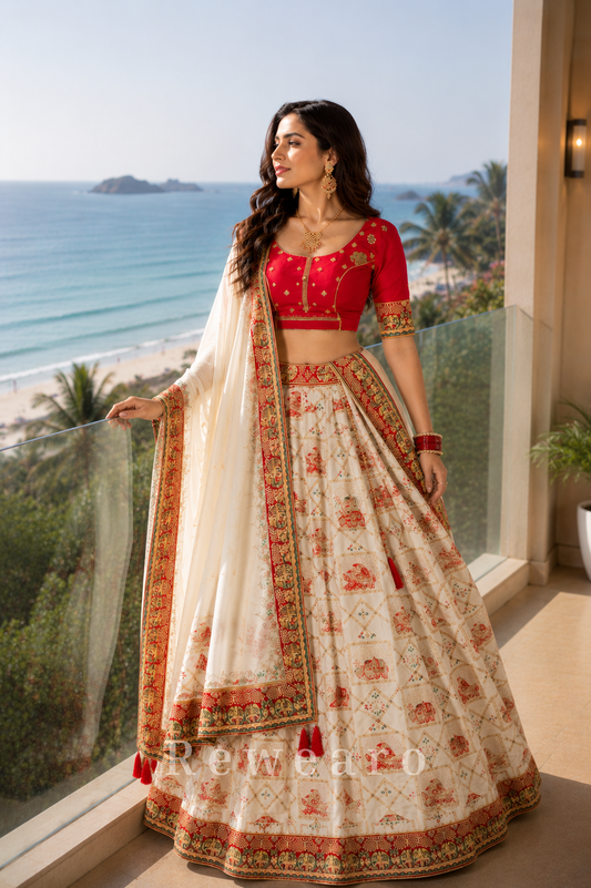 Ivory Heritage Printed Lehenga Set with Ruby Red Embroidered Blouse