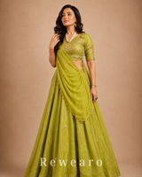 Olive Green Embroidered Lehenga with Draped Dupatta & Embellished Blouse