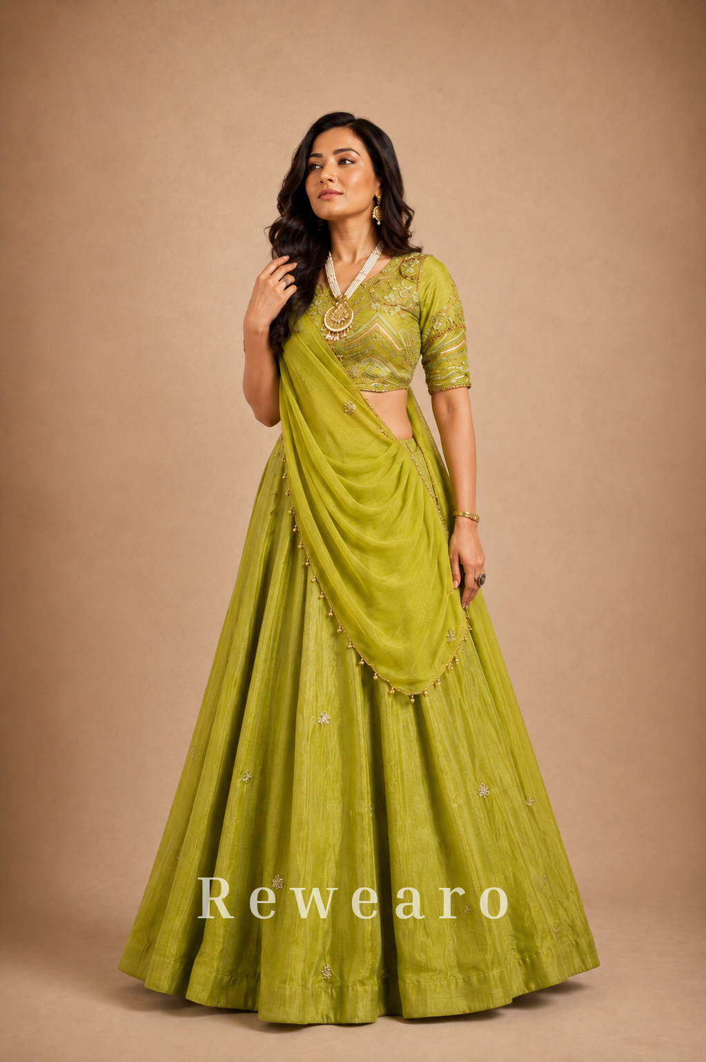 Olive Green Embroidered Lehenga with Draped Dupatta & Embellished Blouse