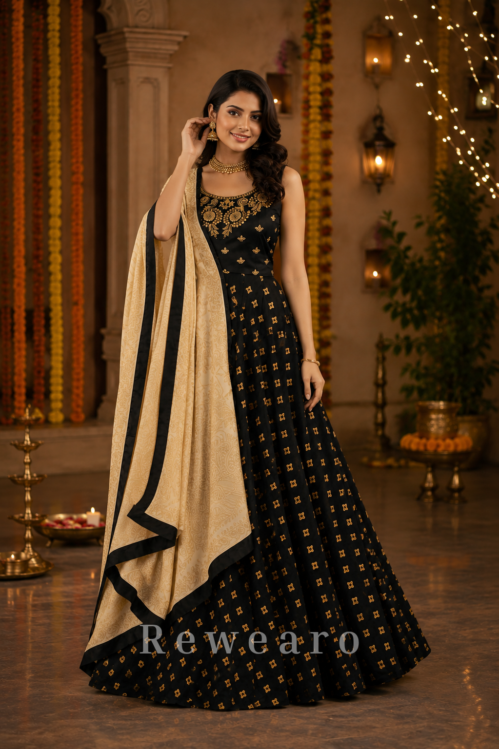 Black and Gold Embroidered Lehenga Set with Floral Jacquard Dupatta