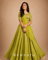 Olive Green Embroidered Lehenga with Draped Dupatta & Embellished Blouse