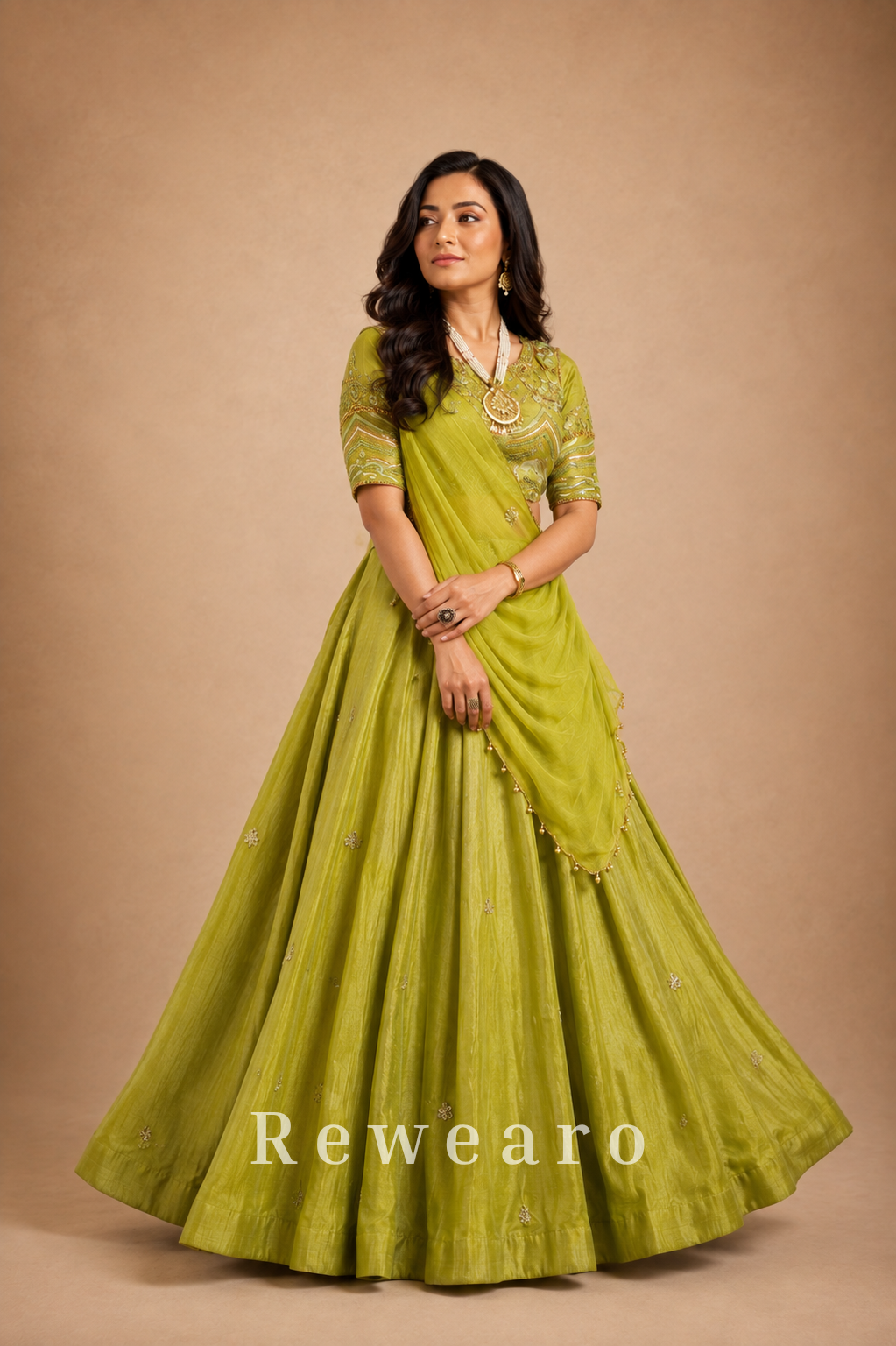 Olive Green Embroidered Lehenga with Draped Dupatta & Embellished Blouse
