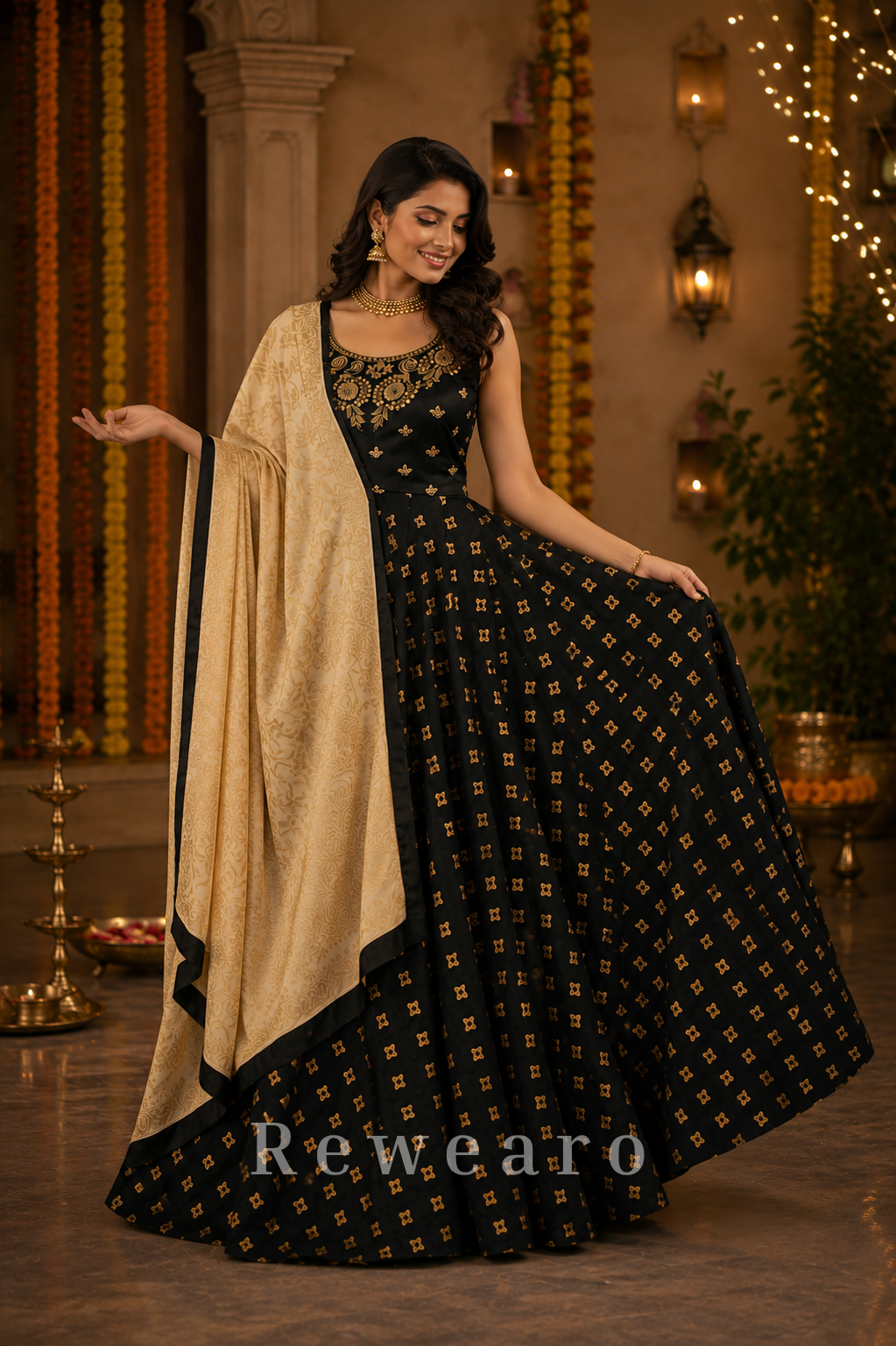 Black and Gold Embroidered Lehenga Set with Floral Jacquard Dupatta