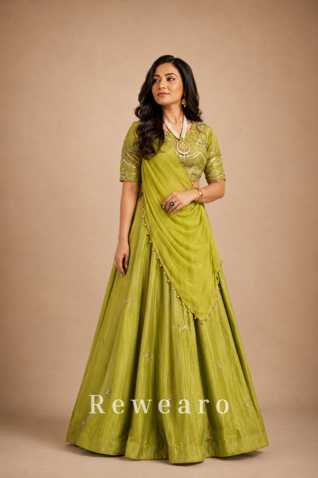Olive Green Embroidered Lehenga with Draped Dupatta & Embellished Blouse