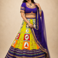 Vibrant Folk Art Patchwork Lehenga Set with Royal Blue Embroidered Blouse & Dupatta