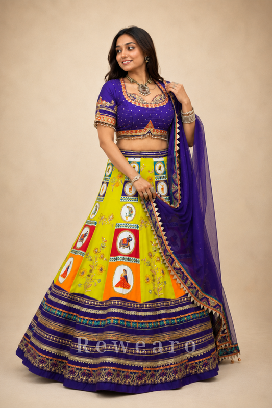 Vibrant Folk Art Patchwork Lehenga Set with Royal Blue Embroidered Blouse & Dupatta